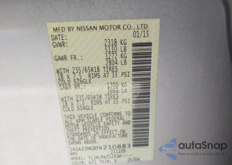 2015 Nissan Murano Sl from USA, damaged, VIN 5N1AZ2MG8FN210883